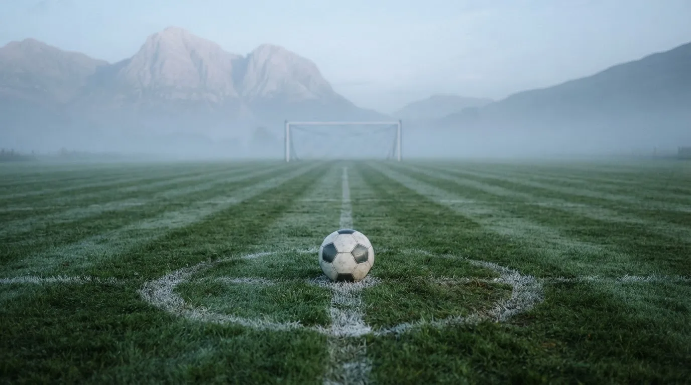 Ein einzelner Fussball auf dem Mittelpunkt eines leeren Rasens im Morgennebel, hinter dem Tor ragen Berge auf