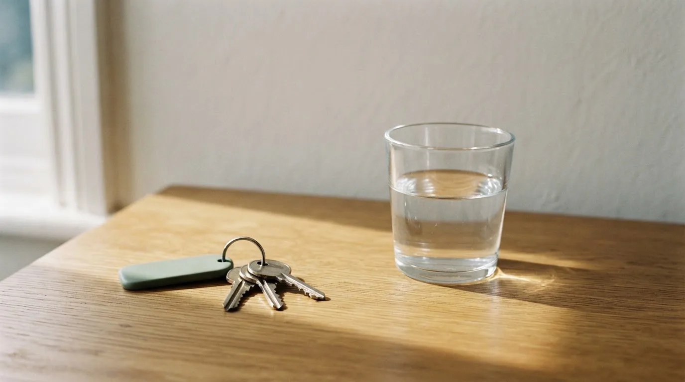 Ein Schlüsselbund und ein Glas Wasser stehen auf einem Holztisch im Licht eines Fensters
