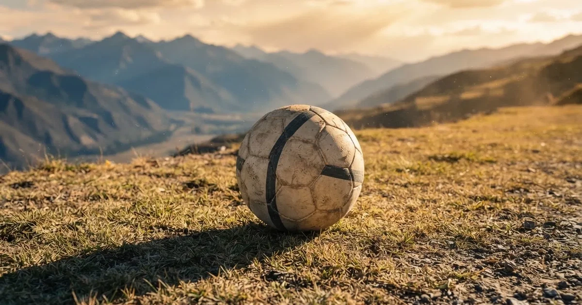 Ein Fussball auf einem staubigen Rasenstück in der Abendsonne, im Hintergrund eine hohe Bergkette