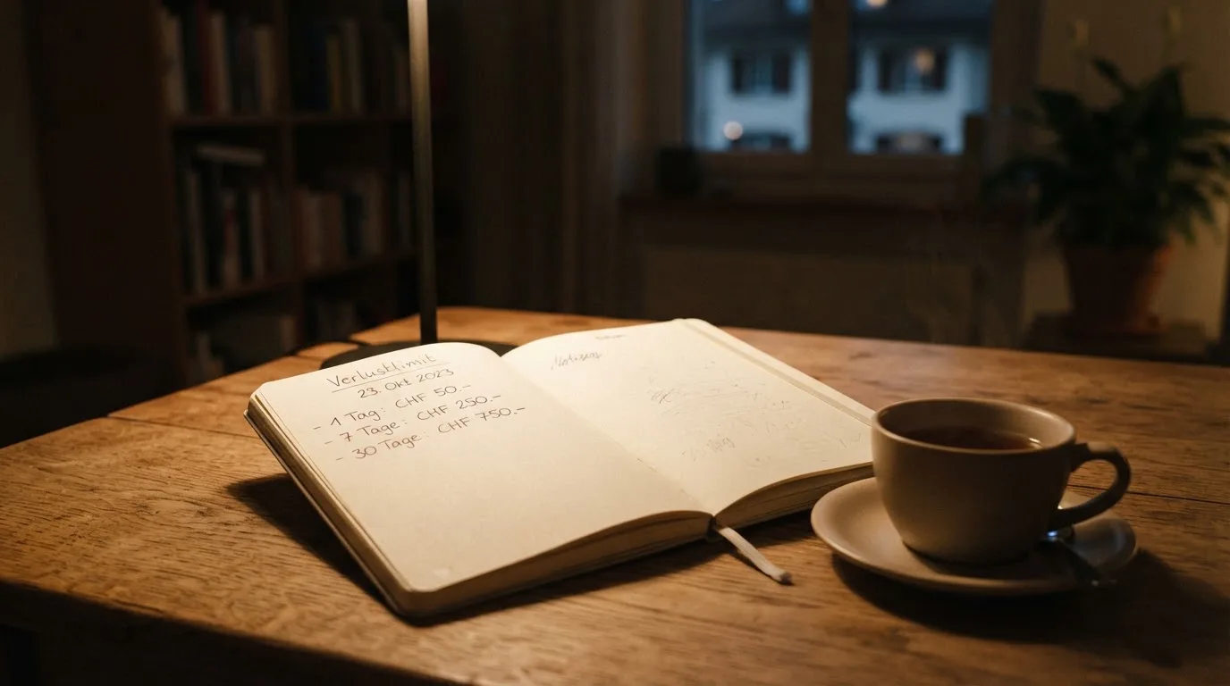 Ein Notizbuch mit handschriftlichen Einträgen und eine Tasse Tee stehen auf einem Tisch neben einer Stehlampe