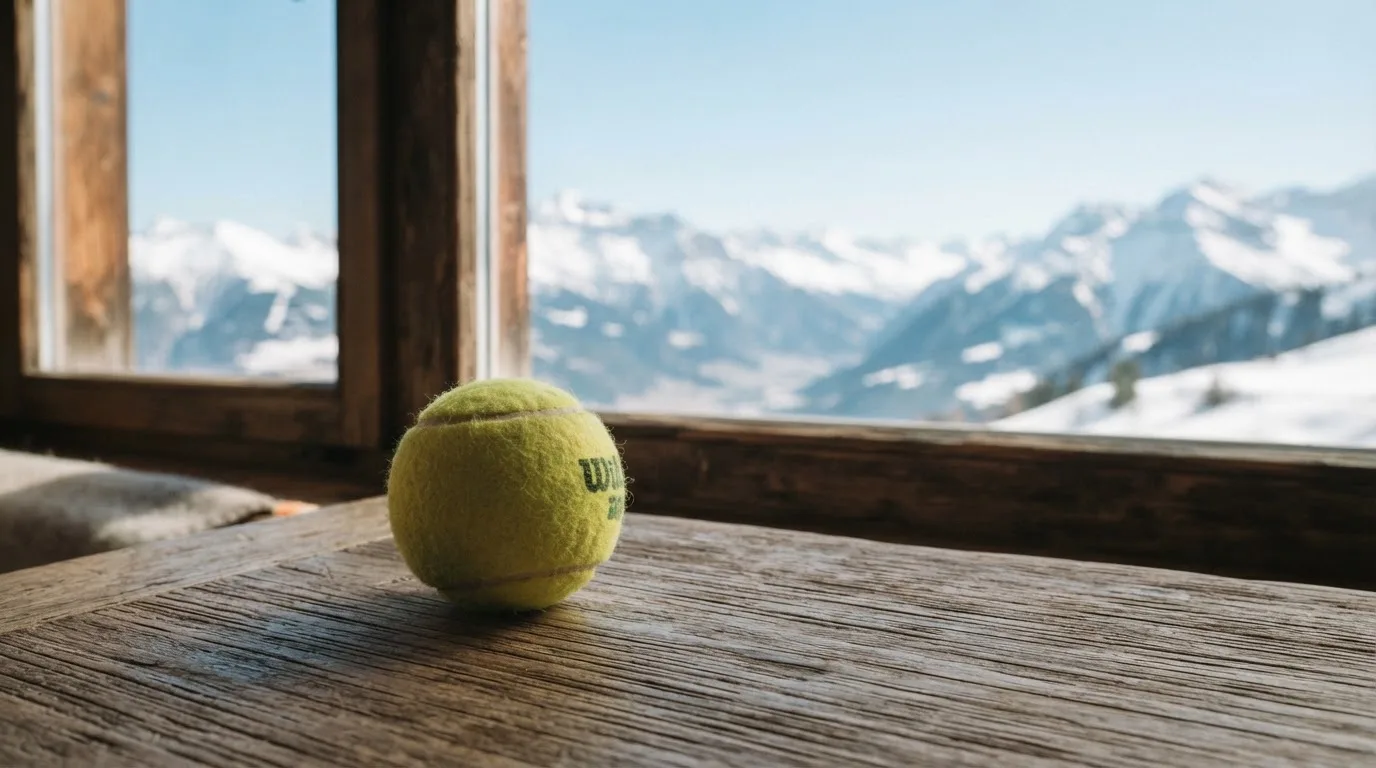Ein einzelner gelber Tennisball liegt auf einem Holztisch vor einem Fenster mit Alpenblick