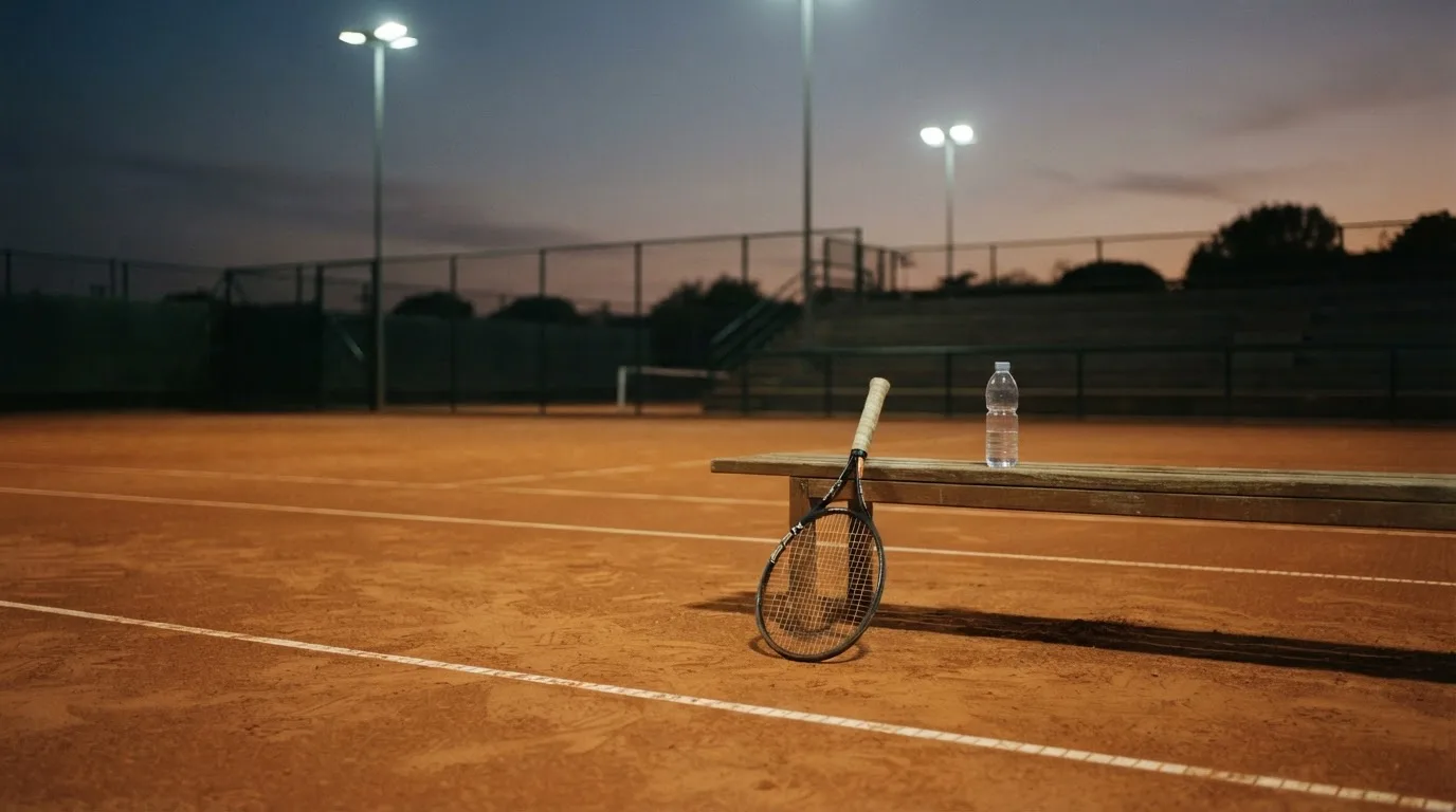 Ein Tennisschläger lehnt an einer Bank neben einer Wasserflasche, am Abend ruht der Platz im Flutlicht, aus der Ferne gesehen