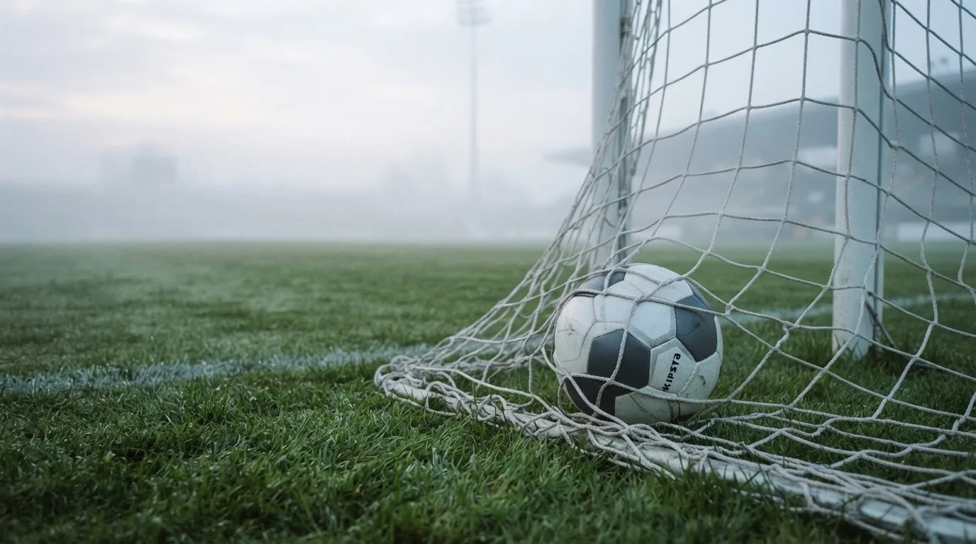 Ein Fussball liegt im Netz hinter einem Tor, weicher Morgennebel hängt über dem Rasen