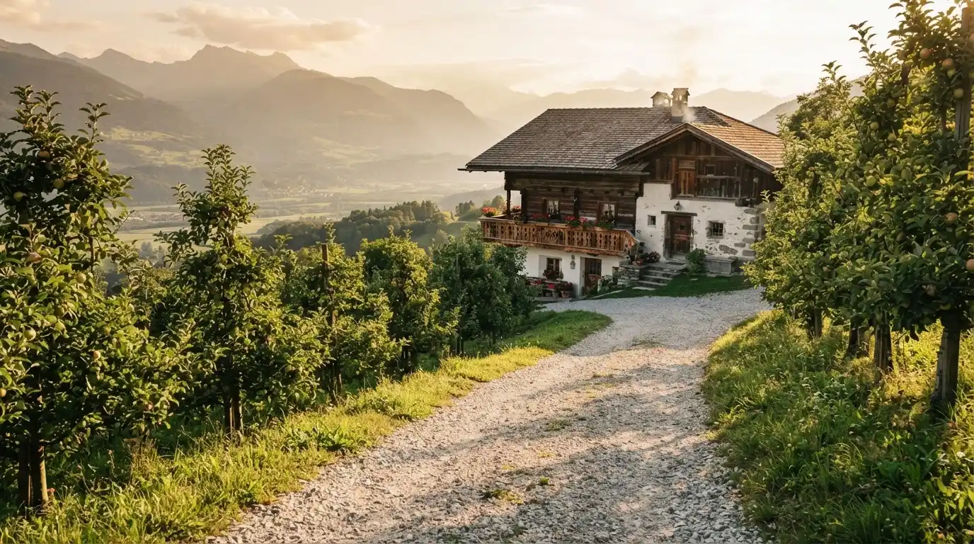 Ein Kiesweg führt durch einen Obstgarten zu einem Bauernhaus mit Holzbalkon, über dem Tal liegt Abendlicht