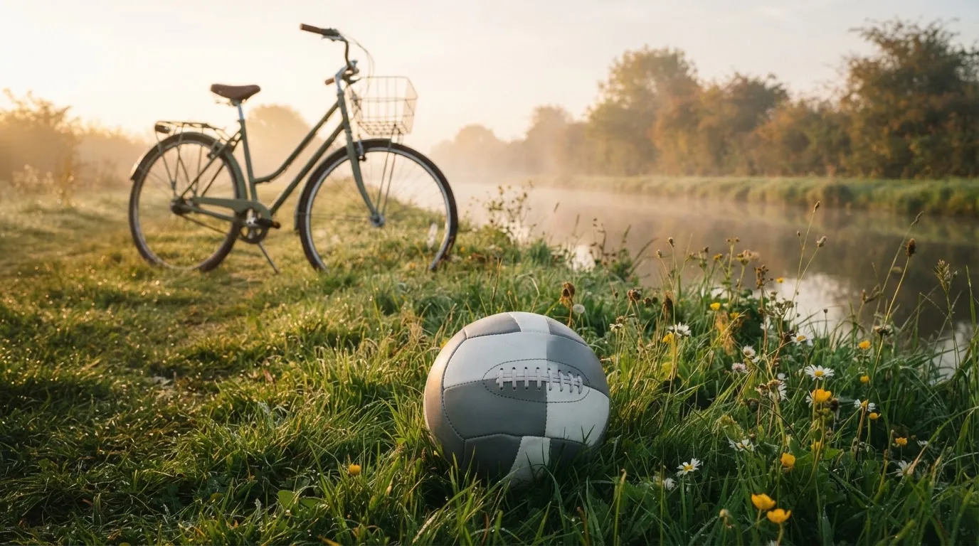 Ein Fussball liegt auf einer Wiese neben einem Fahrrad, im Hintergrund ein Kanal im Morgenlicht
