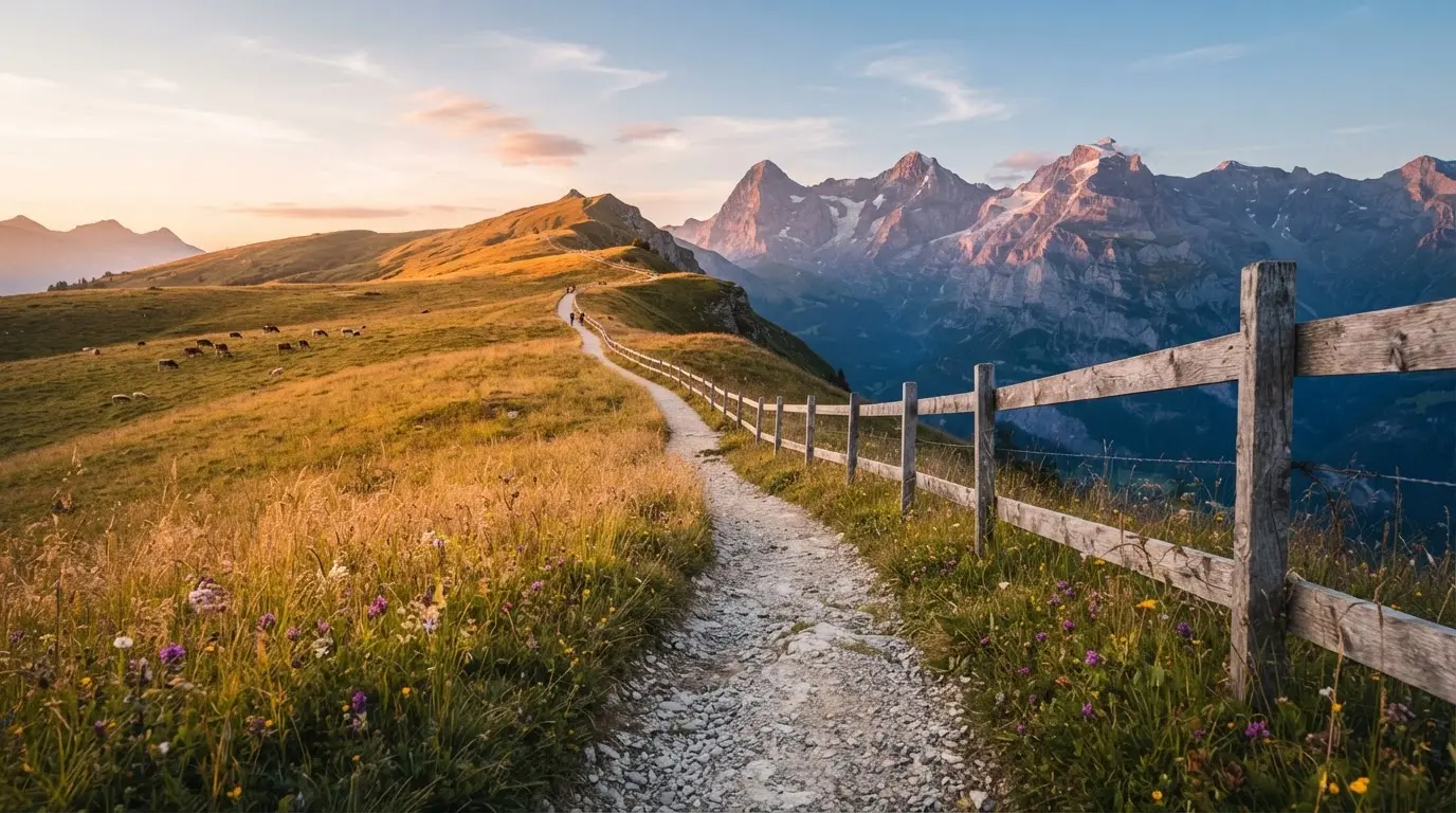 Ein Wanderweg führt durch eine Almwiese im Sonnenuntergang, am Wegrand steht ein Holzzaun