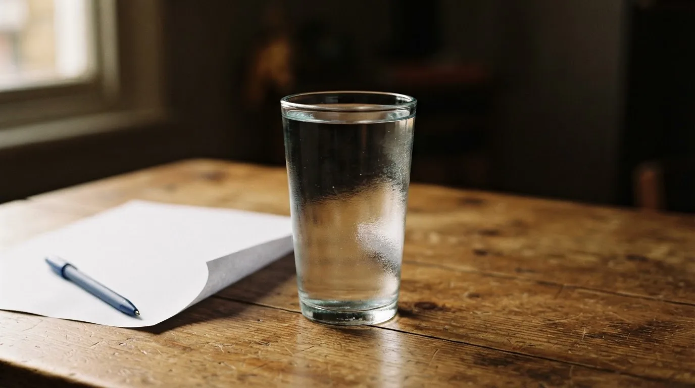 Ein Glas steht bis zum Rand gefüllt auf einem Holztisch, daneben ein Kugelschreiber und ein leeres Blatt Papier im Seitenlicht.