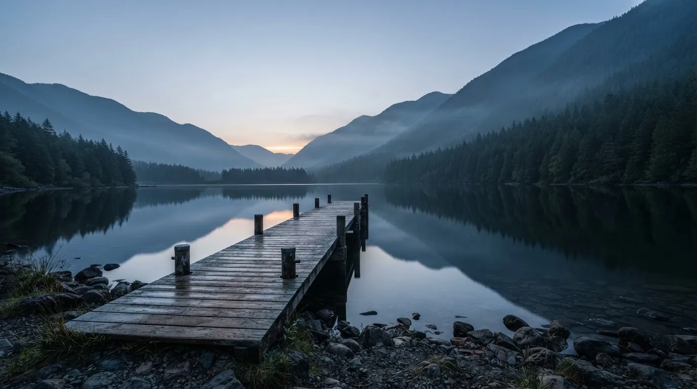Ein Bergsee in der Dämmerung mit einem leeren Holzsteg, die Wasseroberfläche ist ruhig und Nebel zieht über die Hänge.