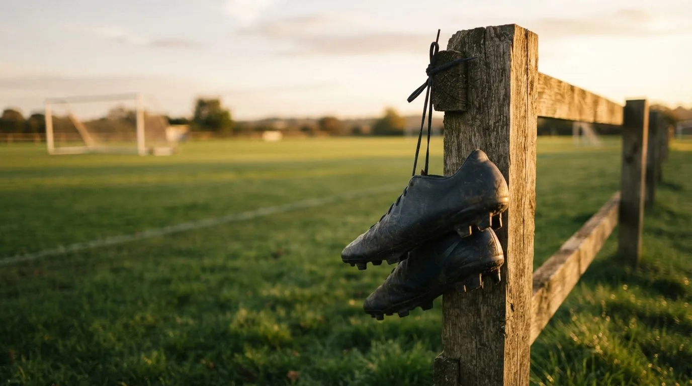 Ein Fussballschuh hängt an den Schnürsenkeln an einem Zaunpfosten neben einem Trainingsplatz im Abendlicht.
