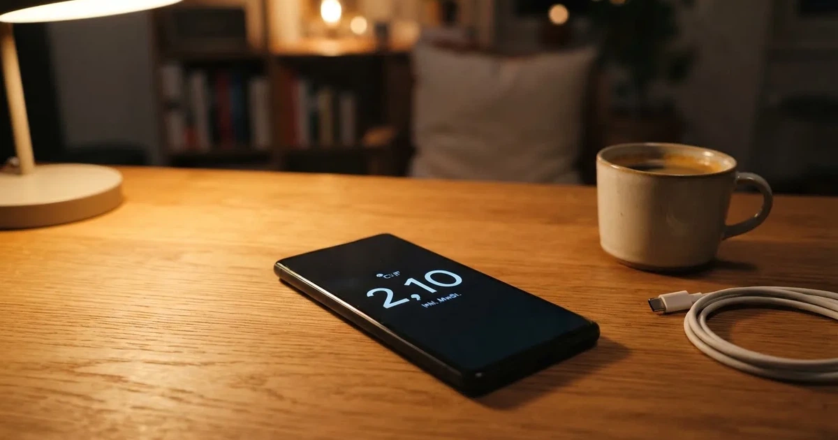 Ein Smartphone mit dunklem Display liegt auf einem Holztisch neben einem Ladekabel und einer Kaffeetasse.