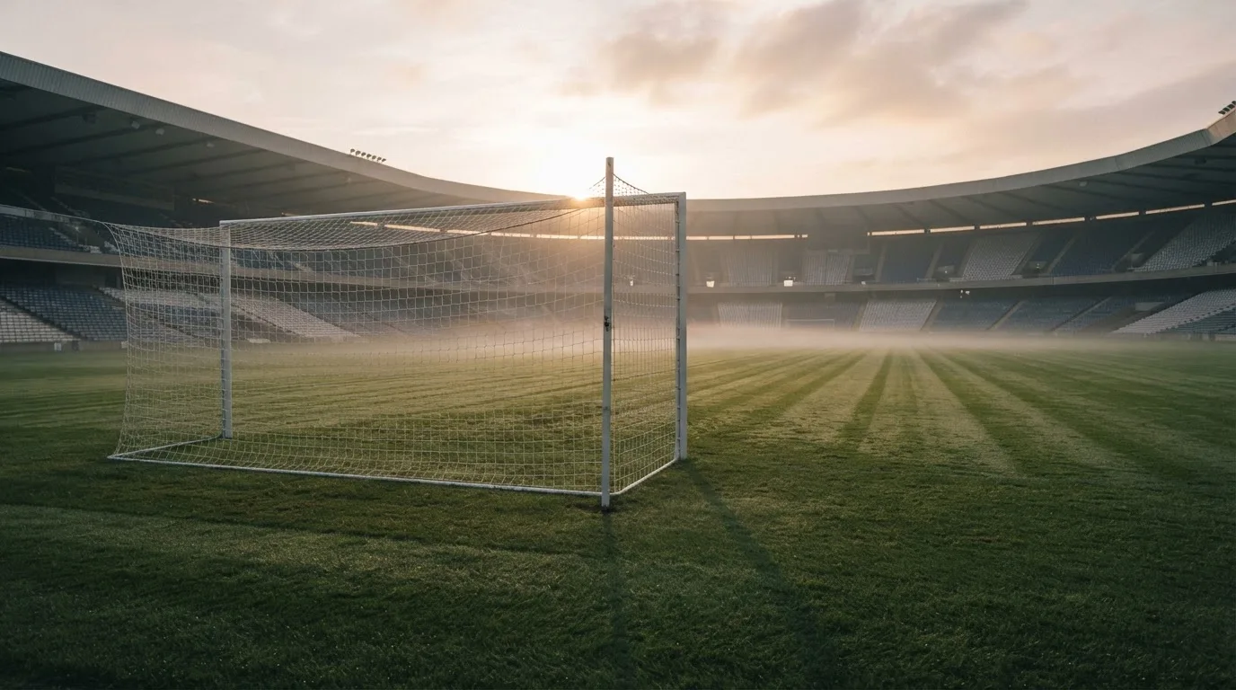 Ein Torpfosten mit Netz steht im Gegenlicht auf einem leeren Fussballplatz, über dem Rasen liegt Nebel.
