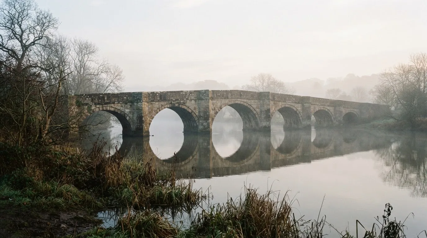 Eine Steinbrücke führt im Frühnebel über einen Fluss, auf dem Fussweg ist niemand zu sehen.