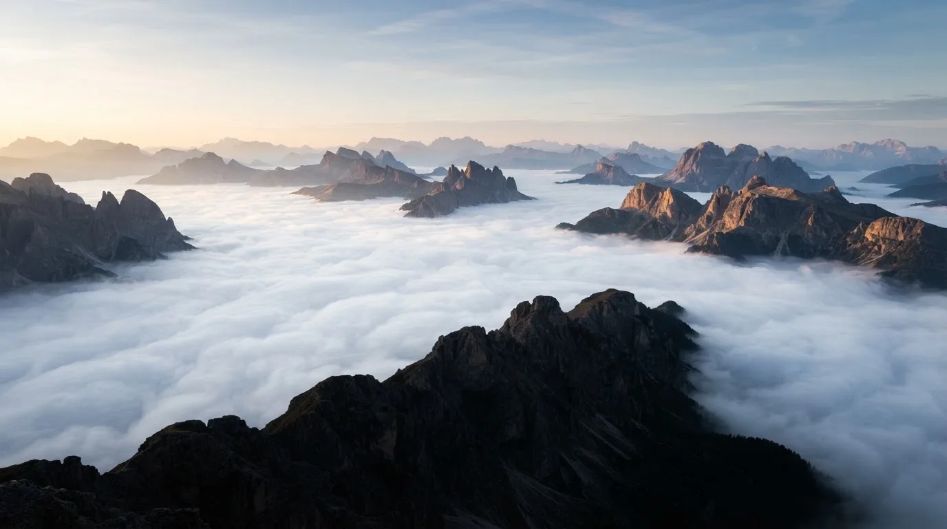 Über einem Alpental liegt ein Nebelmeer, aus dem einzelne Gipfel herausragen.