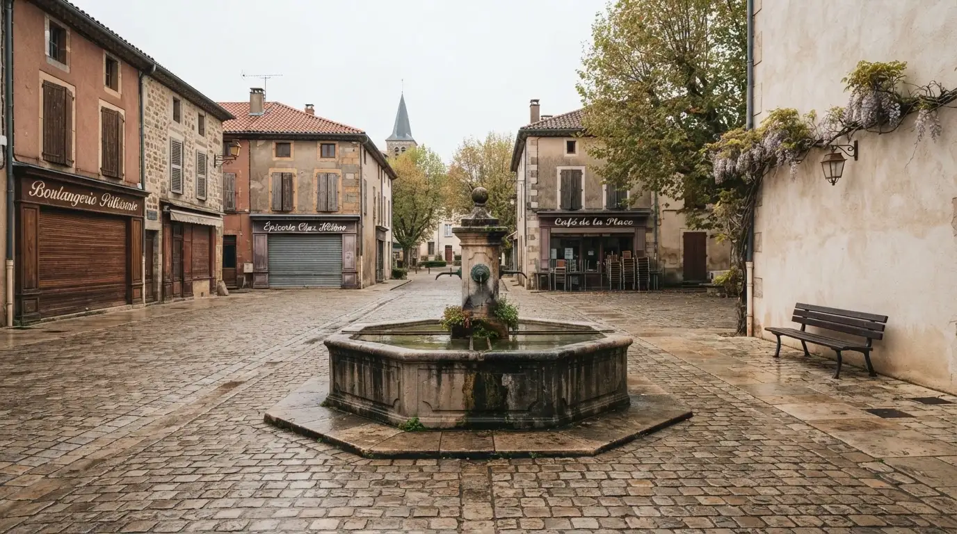 Ein Dorfplatz mit steinernem Brunnen liegt am Vormittag still da, die Läden ringsum sind noch geschlossen.