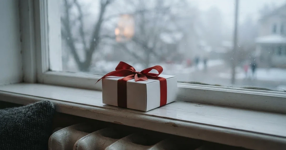 Eine kleine Schachtel mit Schleife steht auf einem Fensterbrett, dahinter ein grauer Wintertag.