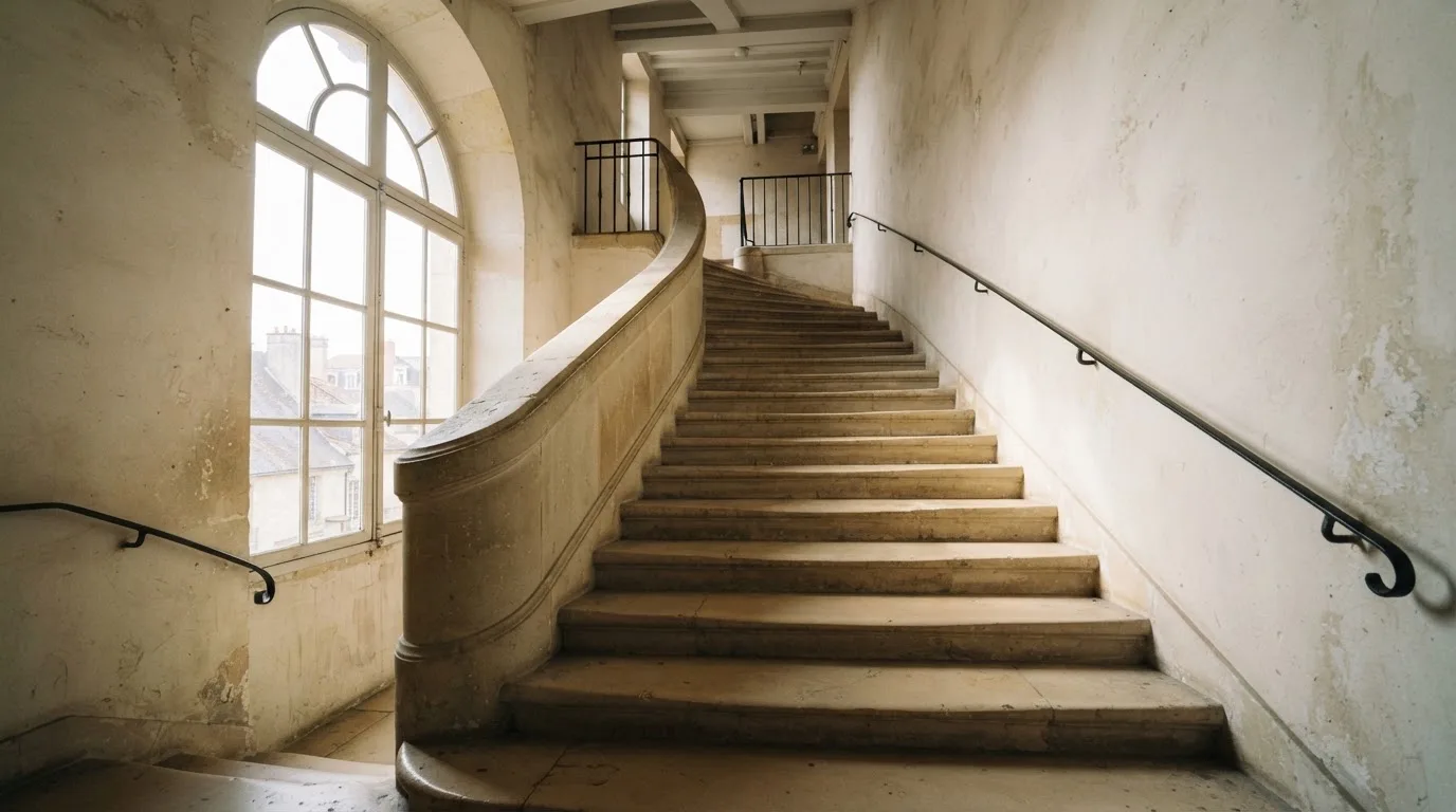 Ein Treppenhaus aus hellem Stein führt in einem Altbau nach oben, Licht fällt durch ein hohes Fenster.