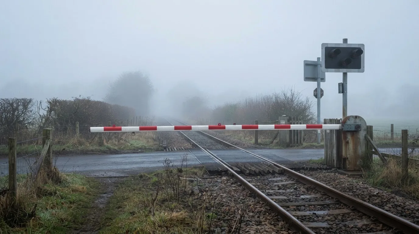 Ein Bahnübergang mit gesenkter Schranke liegt im Morgennebel, kein Zug ist in Sicht.